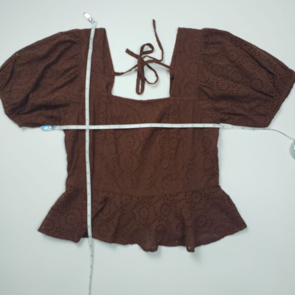 BOG Band Of The Free Eyelet Crop Top Women Medium Walnut Brown Boho Puff Sleeves - Picture 5 of 16